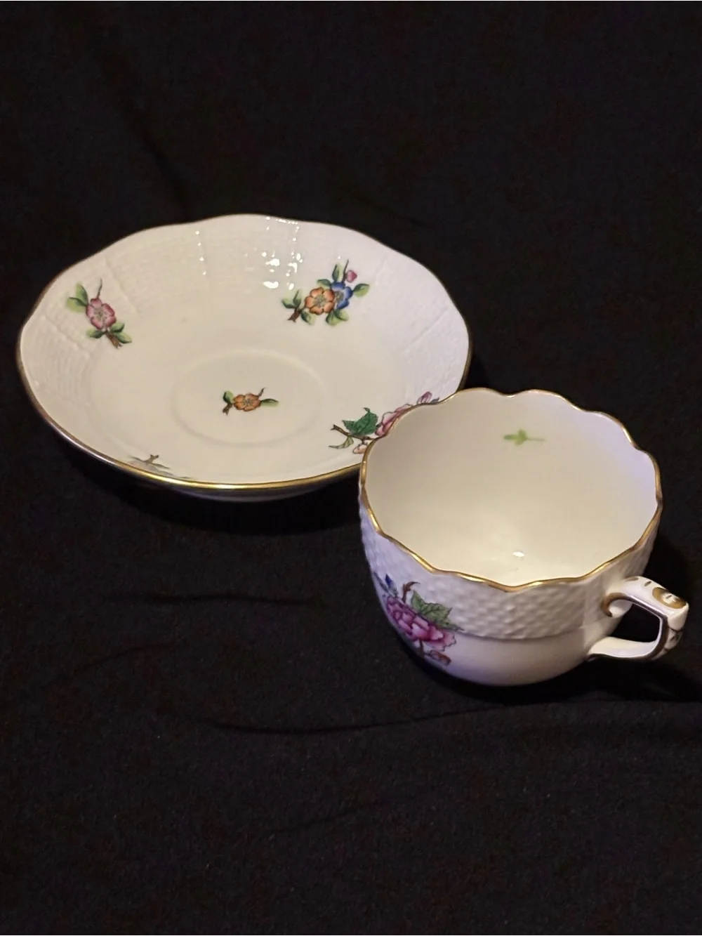 Vintage Herend ETON Demitasse Porcelain Teacup and Saucer. Pink Floral Pattern